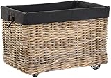Großer Rollkorb mit Griffen/Holzkorb mit Rollen aus grauem Natur Rattan/Aufbewahrung Holz-Wagen Räder Kaminholz-Korb Kamin Allzweck-Korb mit Inlett (Rechteckig klein)