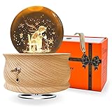 Wholede Kristallkugel Spieluhr, Hölzerne Spieluhr mit 360 ° Rotierende, Warmem Projektionsfunktion, Beruhigende Musik, LED Mond Lampe Geschenk für Frauen, Geburtstagsgeschenk