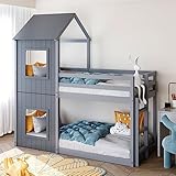 XPSSJMU 90 * 200cm Etagenbett Kinderbett Hausbett Mit Leiter & Baldachin Bodentief Massivholz Für Mädchen Und Jungen Weiß,Grau