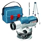 Bosch Professional Optisches Nivelliergerät GOL 26 D (26-fache Vergrößerung, Maßeinheit: 360 Grad, Arbeitsbereich: bis zu 100 m, Messlatte GR 500, Baustativ BT 160, im Transportkoffer)