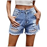 Generisch Hohe Taillierte Jean-Shorts Frauen, Grüne Dehnbare Für Frauen Mit Hoher Taille Kleiderschrank Kleidershorts Damen Mode Sexy Ripped Fransen Shorts Reißverschluss Knopf Tasche (L, Blau)