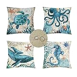 Outdoor Wasserdicht Kissenbezug 75x75cm 4er Set Sofakissen Oktopus Dekokissen Doppelseitig Dunkelblau Kissenbezüge Sofa Cover Leinen Kissenhülle für Garten Auto Wohnzimmer Bett Zierkissen F-2518