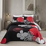 WONGS BEDDING Tagesdecke 220x240 Rot Blumen Bettüberwurf Weiche Sommerdecke Gesteppte Decke für Doppelbett Mikrofaser Bettdecke mit 2 Kissenbezug 48x75