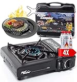 Alpen Camping TYROL Gaskocher für Kartsuchen Campingkocher 1-flammig mit Koffer und Herdkreuz | Outdoor Gasgrill für gaskartuschen 227g (Gaskocher + 4 Kartuschen + Grillplatte)