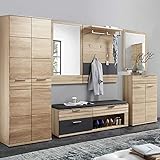 Lomadox Massives komplett Garderobenset Wildeiche Bianco geölt mit Lack Graphit, 150cm Garderobenbank mit Polster