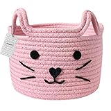 Zusammenklappbarer Aufbewahrungskorb aus natürlichem Baumwollseil, gewebte Aufbewahrungsbox, Heimdekoration, Organizer for Babyzimmer, Kinderzimmer, Spielzeug – rosa Katze