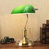 LALISU Schreibtischlampe mit Zugketten Schalter Steckvorrichtung,Grünes Nachttischlampe Bronze-FinishGlas-Bankerlampe Vintage Tischlampen für Schlafzimmer Wohnzimmer (Grün)