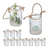 Relaxdays Windlicht, 12er Set, Glas mit Henkel, innen & außen, 10,5 x 7 cm, Hochzeit Teelichthalter, transparent/braun