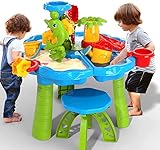 TEMI 3 in 1 Sand Wassertisch Sandspielzeug Kinder 28 Stück Wasserspielzeug Sandkasten Spielzeug Strandspielzeug Set Sommer Spielzeug für Draußen Strand Aktivität Tisch für Kinder Mädchen Junge