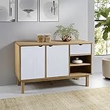 JUNZAI Sideboard, Kommode Schlafzimmer, Komodenschrank, Flur Möbel, Apothekerschrank, Wohnzimmerschrank, Flur Schrank, Beistellschrank, Braun und Weiß 114x43x73,5 cm Massivholz Kiefer