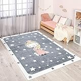 carpet city Teppich Kinderzimmer Prinzessin - Grau, Rosa - 80x150 cm - Kinderteppich Kurzflor mit Sternen, Zauberfee - Weicher Flor