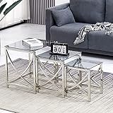 JaHECOME 3er Set Couchtisch Beistelltisch Satztisch aus Edelstahlgestell und Hartglas für Wohnzimmer modernes Design Sofatisch (Silber Grau Glas)