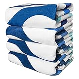 Mocaletto Strandtuch aus 100 % Baumwolle mit Handtuchband (4 Stück), übergroße 88.9x177.8 cm, mehrfarbige blaue Strandtücher für Erwachsene, Schwimmen, Reisen Eulen