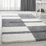 HomebyHome Teppich Hochflor Langflor Shaggy Kariert Design Wohnzimmer 30 mm Florhöhe Flauschig Weich Rechteckig Läufer, Farbe:Hellgrau, Grösse:80x150 cm