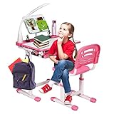 DREAMADE höhenverstellbarer Kinderschreibtisch mit Lampe & Bücherständer, Schülerschreibtisch Jugendschreibtisch neigungsverstellbar, Schreibtisch Set für Kinder mit Stuhl und Schublade (Pink)