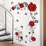 HGDESIGN® Wandtattoo Wandaufkleber Rot Rosen Blumenranke Wohnzimmer Schlafzimmer Wandsticker Wandbild Wanddeko Selbstklebend (Rot)