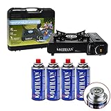 Kochmann Gaskocher + 4 x Gaskartuschen + Koffer Campingkocher Gas Camping Kocher MSF-1a Kartusche 1 flammig