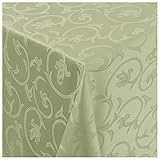 Tischdecke Damast Stoff Barock Tulpen Tischtuch Bügelarm oval 160x220 cm in Lind-Grün mit umgenähtem Rand Premium Qualität