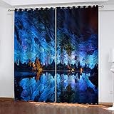 Vorhang Blickdicht Für Modern Schlafzimmer Wohnzimmer, 3D Ölgemälde Blaue Seenlandschaft Druck Muster 2Er Set Thermogardine Mit Ösen 160X150cm(HxB) Verdunklungsvorhänge Mit Kälteschutz & Wärmeisolier