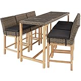 tectake Alu Rattan Bartisch mit Barhocker Set, Outdoor Barset mit Stehtisch und Barstuhl + Polster, 7-teiliges Gartenbar Set, Gartentheke mit Marmoroptik, Holzbeine, für Garten Terrasse Balkon (Natur)