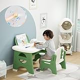 BanaSuper Kinder Zeichentisch und Stuhl Set mit löschbarer Tafel Aquarellstifte Kinder Kunststoff Activity Desk mit 1 Hocker Multifunktions Möbelset für Kleinkinder (Grün)