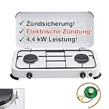 Camping-Kocher Gaskocher 2-flammig 50 mbar Weiss mit Zündsicherung, mit elektrischer Zündung Gasschlauch Gasregler Gasherd 2 Brenner