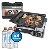 Z.M.C Gaskocher 1-flammig + Aufbewahrungskoffer + Grillplatte 33x26x4 cm + 8x Gaskartuschen 227g, Campingkocher für Outdoor und Innenraum, Campinggaskocher 2,2 kW mit Piezozündung