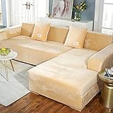 IMYOGI Hochelastische Sofabezüge, 2 Stück, rutschfeste Samt-Sofabezüge mit 2 Kissenbezügen für L-förmige Sofagarnituren, ideal für Kinder und Haustiere (Beige, 2-Sitzer + 3-Sitzer)