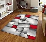 Herzgewebt Merinos Brilliance Teppich Hochwertig Modern Kariert Konturenschnitt Grau Rot, Größe:80 x 150 cm