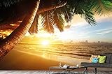 ARTASTIC Fototapete Sonnenuntergang Strand – 336 x 238 cm – Wandbild Wallpaper Deko Wandtapete Bildtapete Natur Landschaft Schlafzimmer Meer-Blick Sonne Karibik Insel Südsee