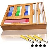 MYJAQI Druckverschlussbeutel-Organizer, 6-in-1 Bambus-Wickelspender mit Schneider, Folie und Kunststoff-Folie, Organizer für Küchenschubladen, Taschenaufbewahrung, Snack, Folie usw