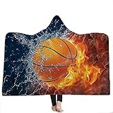 IUBBKI Kapuzendecke für Erwachsene und Kinder, 3D-Baseball-Fußball-bedruckte Decke mit Kapuze, weicher Plüschumhang, Umhang, geeignet für Fernsehen auf Bett/Sofa (Kinder-150 x 130 cm, Basketball 1)