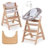 Hauck Beta Plus Newborn Set Deluxe - Baby Holz Hochstuhl ab Geburt mit Liegefunktion - inkl. Aufsatz für Neugeborene, Sitzpolster, Tisch - mitwachsend, verstellbar - Natur