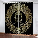 GSKOQD Vorhang Blickdicht Vorhänge Verdunkelungsvorhang Gardinen Mit Ösen Wohnzimmer Schlafzimmer Thermovorhang 3D Goldene Buddha-Statue Muster Ösenschal 2Er Set Fensterdekoration 264X240Cm (B X H)