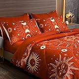 INTOMENG Burnt Orange Bettwäsche-Set Queen 7-teilig Mond und Sonne Himmelsbett in einer Tasche Vollleichte Terrakotta-Bettwäsche-Set mit Bettlaken und Kissenbezügen, super weich