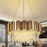 AOOCHOK Modern Kristall Pendelleuchte Gold Kronleuchter, Rund Kristall Hängeleuchte, Häengelampe für Wohnzimmer, Esszimmer,Schlafzimmer, Restaurant, E14 x 8, Ø60 cm