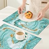 Platzsets(4er Set),rutschfest Abwaschbar Tischsets,Marmor-Türkis und goldene Farben auf einem weißen Papier,PVC Abgrifffeste Hitzebeständig Platzdeckchen,Platz-Matten für Küche Speisetisch