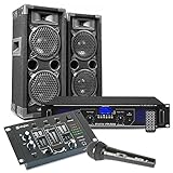 MAX26 PA Anlage Komplett Set, 1200 Watt DJ Boxen Set Lautsprecher mit Verstärker, Mischpult und Mikrofone, Lautsprecherset, Karaoke Set, Mischpult mit Boxen, PA Komplett Set - Schwarz