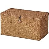 Rattankorb Aufbewahrungskorb aus Seegras mit Deckel Natürliches Material (Mittel 30cmx18cmx15cm H)