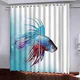 3D Blaue Fische Springen Vorhang Verdunkelungs 2Er Set Blickdicht Modern Mikrofaser Gardinen Wohnzimmer Vorhänge Ösenschal Für Schlafzimmer Kinderzimmer Esszimmer Mädchen 183 X 214 cm (B X H)