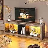TV Stand Schrank 140CM Modernes TV Gerät mit Glasregal RGB LED Beleuchtet für 65' TVs TV Unterhaltungsgerät mit Ambient Lights für Wohnzimmer Schlafzimmer