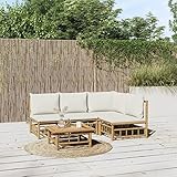 LAPOOH 5-TLG. Garten-Lounge-Set mit Cremeweißen Kissen, Gartenlounge, Balkon Möbel, Gartenmöbel, Balkon Möbel Set, Balkonmöbel, Möbelsets, Balkon Lounge, Bambus