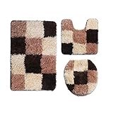 Badematten für Badezimmer Geometrisches Muster Toilettenmatte Toilettendeckelbezug Anti-Rutsch Badezimmerteppiche Set Shaggy Bodenteppich für Bad Nachttisch Teppich 3-teilig (Farbe: Gitterkaffee,