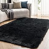 OMERAI Teppich Wohnzimmer Teppich Schlafzimmer Teppich Schwarz Teppich Flauschig Hochflor Teppich Groß Weicher Teppich Weich Shaggy Teppich Fell 120X180CM