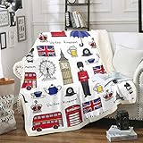 Kinderdecke mit Cartoon-Motiv Big Ben, Sherpa-Überwurf, rote Telefonzelle, Bus, Fleecedecke für Sofa, Couch, Retro, London, UK, Plüschdecke, schmutzabweisend, England, Einzelbett, 127x152.4 cm