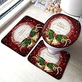 rutschfeste 3 Badteppich Set Weihnachtsglocken Holly Beeren Grün Rot Gold U-Förmigen Contour Matte Dekorative Wasserabsorbierend 3-Teiliges Badteppich-Set, Für Dusche, Badewanne