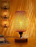 Tischlampe Rattan aus Bambus und Holz, Dekorative Nature Tischleuchte mit E27, 7W, 2 USB-Ladeanschlüssen Nachtlicht Leselampe für Schalfzimmer Kinderzimmer （Glühbirne enthalten）