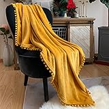 LOMAO Flanell Decke Pompoms Kuscheldecke Sofa Decken 150x200CM - Fleecedecke für Couch weich und warm, Wohndecke flauschig 150x200 cm als Sofadecke Couchdecke (Gelb, 150 * 200CM)