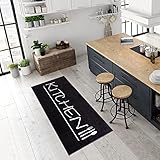 Pasha Home Küchenteppich 80x150 cm Kitchen schwarz/Küchenläufer waschbar bei 30°C/Küchenläufer rutschfest und pflegeleicht/Teppich für Küche, Flur, Schlaf- oder Wohnzimmer