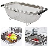 HOJKMA Edelstahl Sieb für Spüle Abtropfsieb Ausziehbar, Über dem Spülsieb Erweiterbares Ovales Siebkorbsieb mit Gummigriffen 4 Quart Klein Sieb für Küchenspüle Abfluss, Spülen von Obst Gemüse, Schwarz